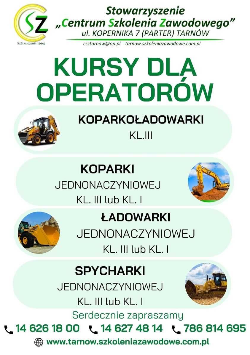 Kurs na  koparkoładowarkę kl. III, koparkę kl I, ładowarki, spycharki