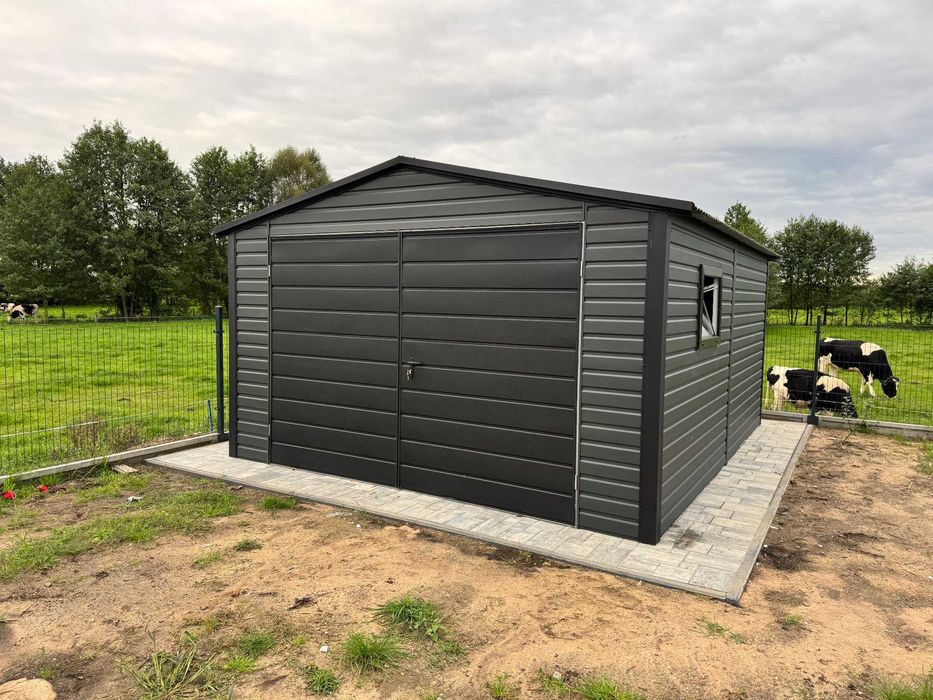 Garaż blaszany 4x6m dwuspadowy, grafit + czarny, profil ocynk