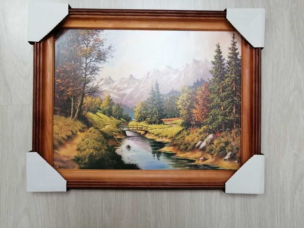 Pejzaż obraz landszaft góry, rzeka. Reprodukcja Mostek, Nowaczyński.