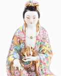 Escultura de porcelana da China antiga Kwan-Yin Guanyin Lotus Ouro