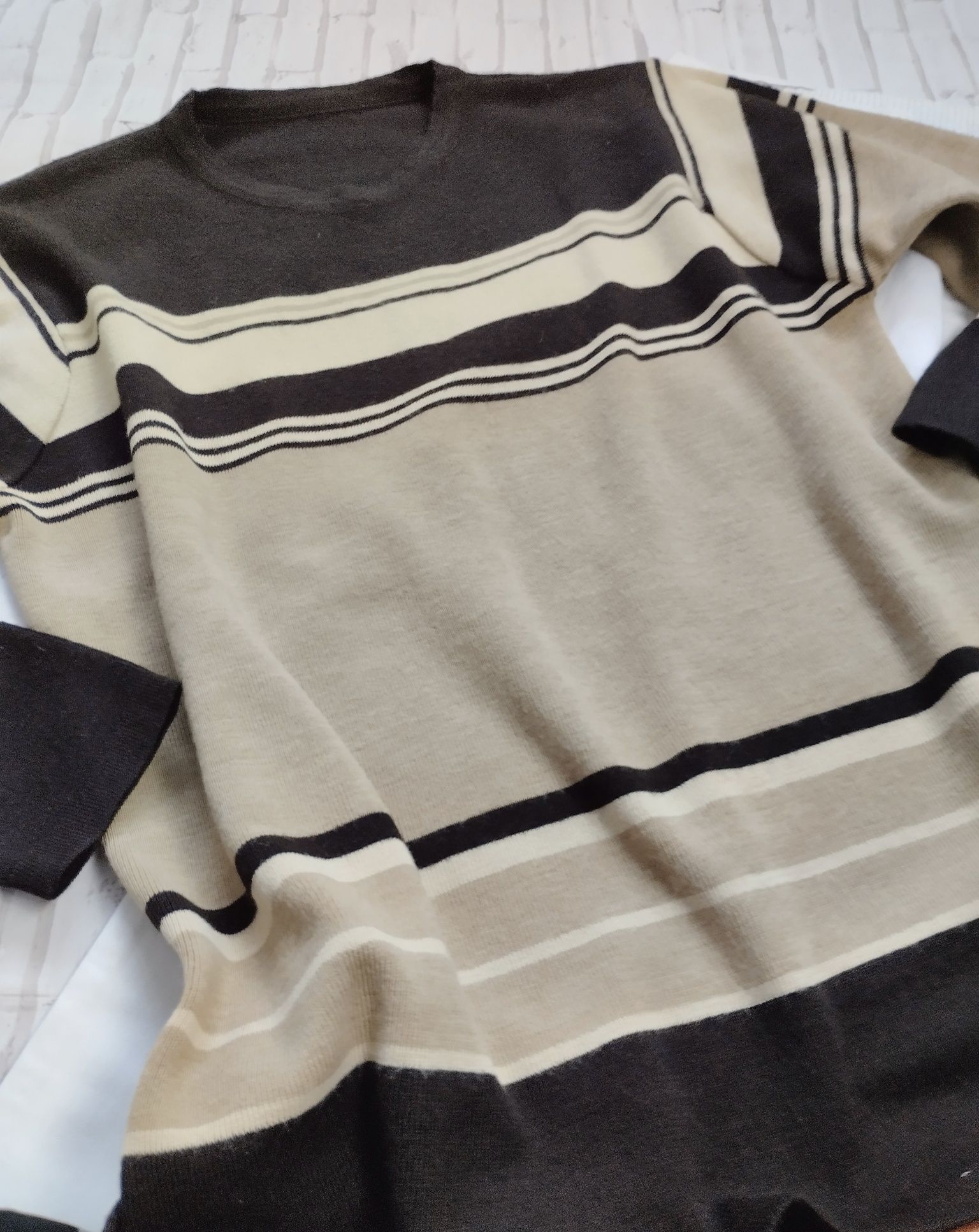 Sweter damski brązowy w paski beżowy okrągły dekolt wełna merino XL/XX