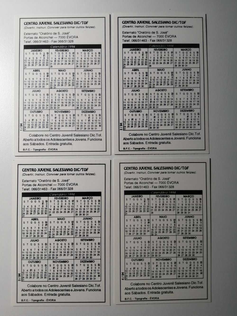 Quatro Calendários de Bolso - 1994 / Centro Juvenil Salesiano DIC/TOF