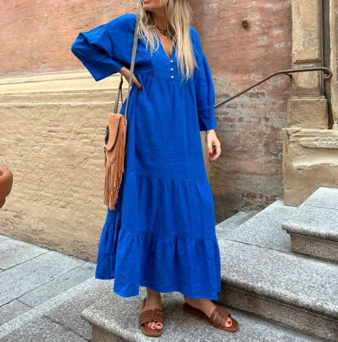 Zara kobaltowa dluga maxi boho sukienka len wiskoza