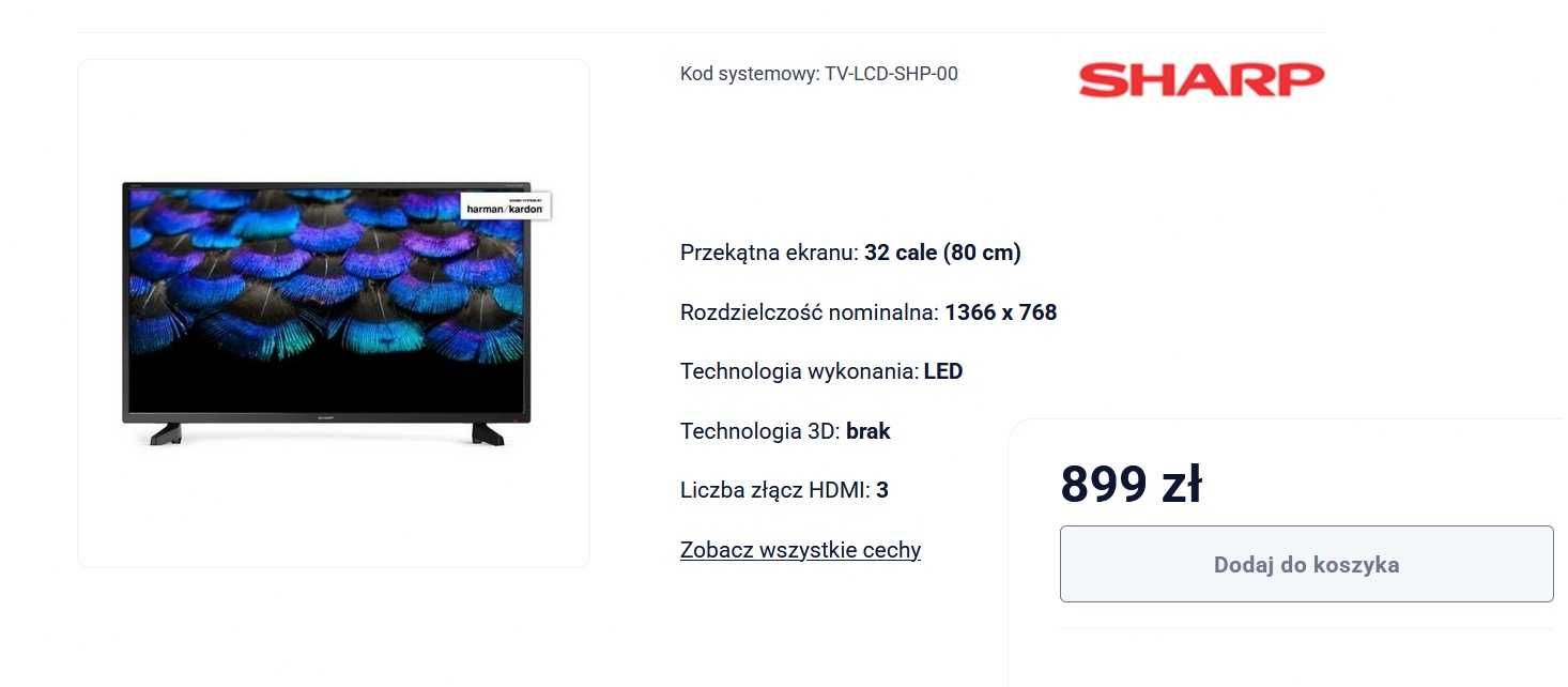 Telewizor Sharp Aquos LED 32 Harman-Kardon DVBT-T2 NOWY Folia Pilot
