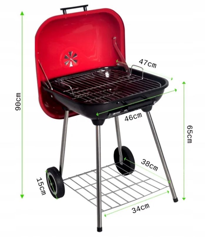 Grill węglowy ogrodowy ruszt 43,5x43,5cm kółka z pokrywą przenośny