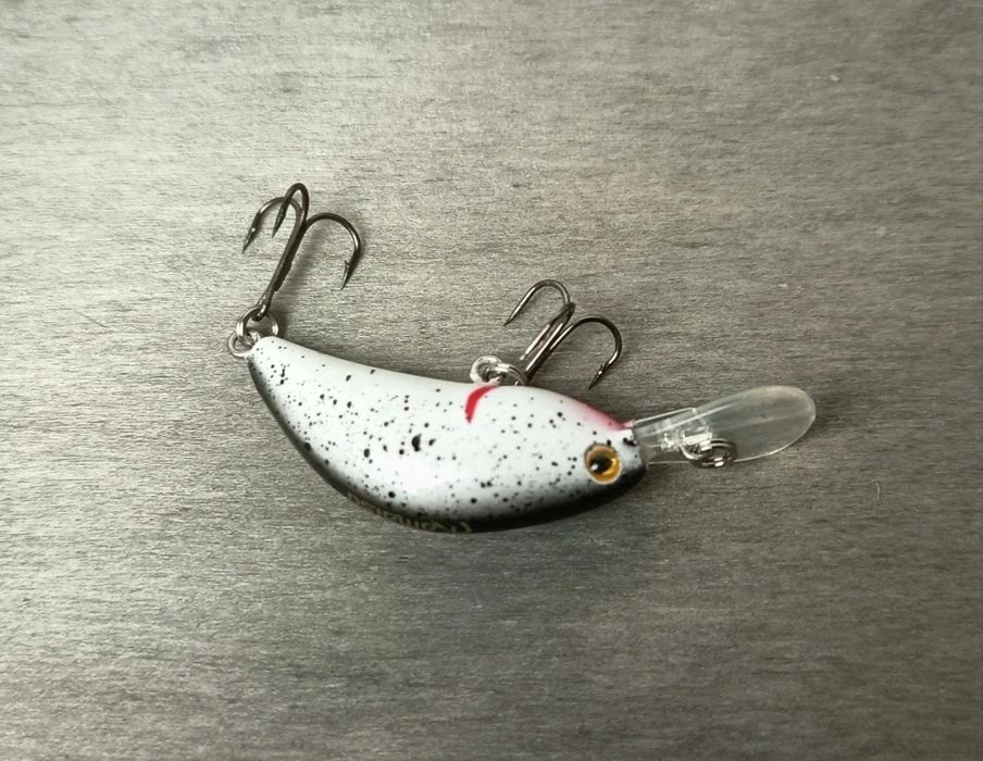 Kamatsu Flat Crank wobler 7 cm biały czarne kropki żółte oko używany i