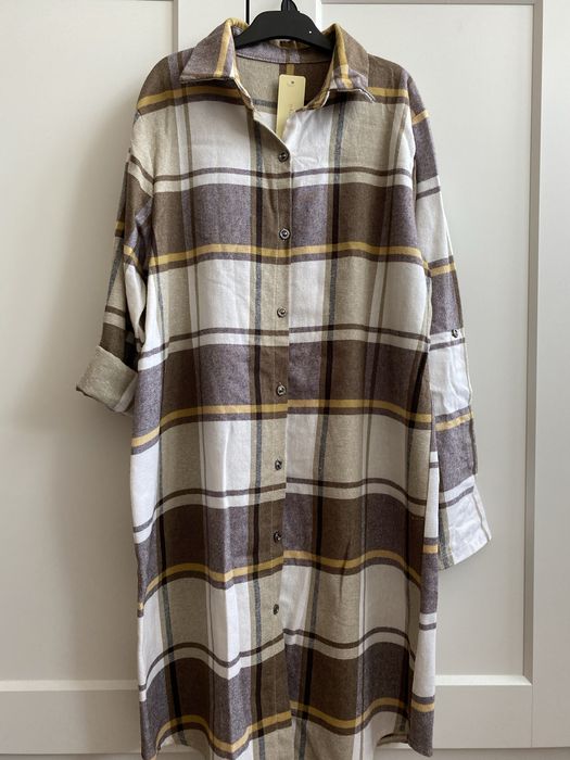 Sukienka koszulowa M oversize w kratkę brazowa