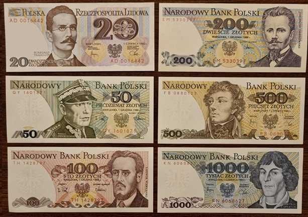 UNC, cena za zestaw banknotów PRL: 20, 50, 100, 200, 500, 1000 złotych