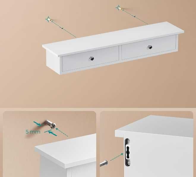 Nowa Półka Wisząca Biała z Szufladami Szafka Ścienna 65x15x10 -Wysyłka