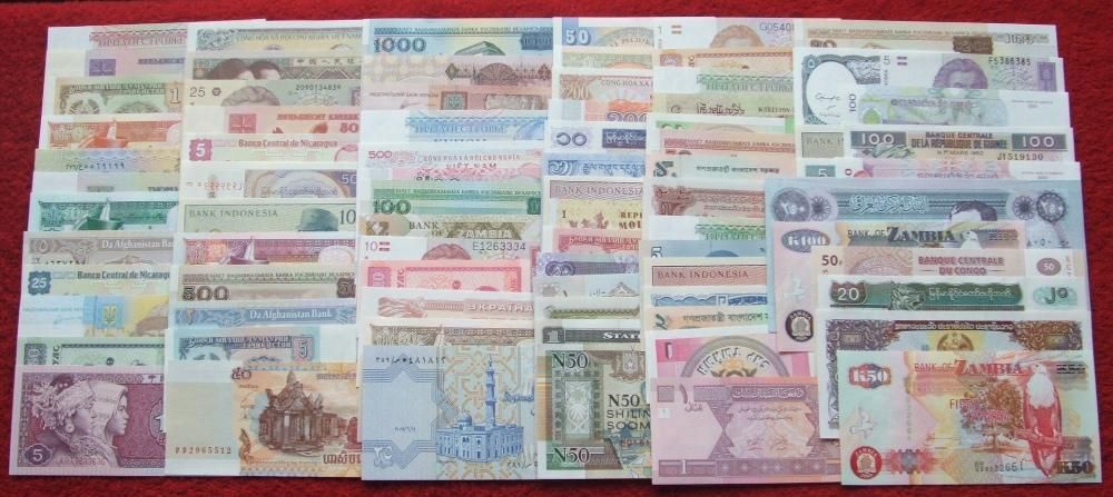 ZESTAW BANKNOTÓW ŚWIATA 80 sztuk + GRATIS Kolekcjonerskie Banknoty UNC