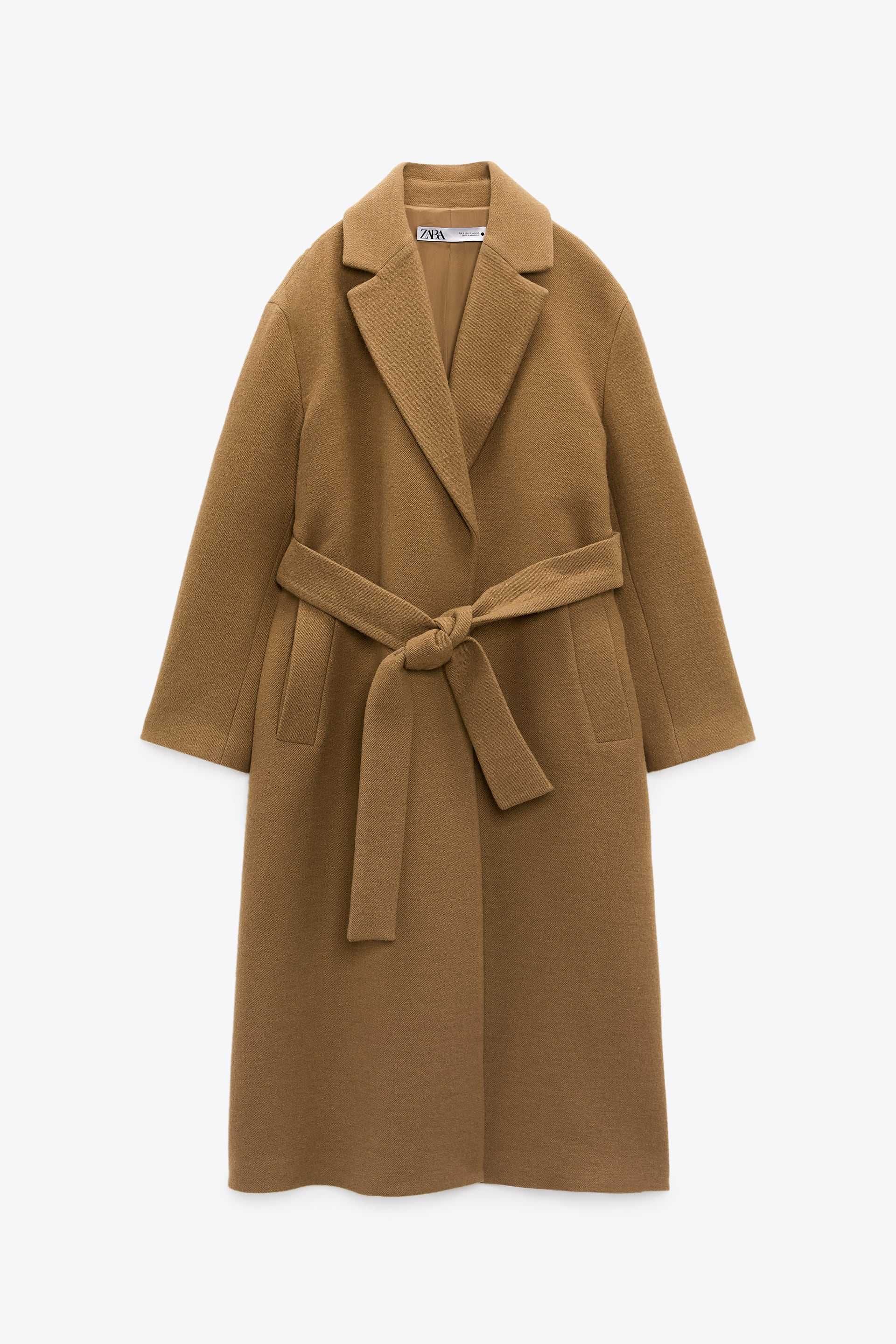 Zara Płaszcz Camel z Paskiem z Wełny(48%) XL