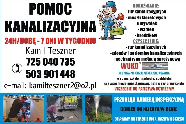 Hydraulik Udrażnianie Rur przepychanie, czyszczenie Wuko 24h kamera TV