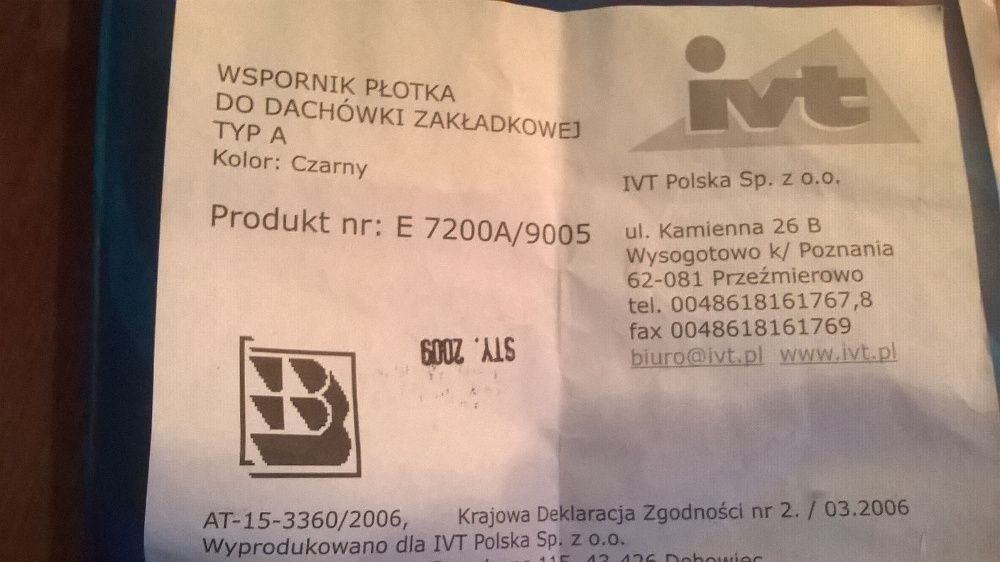 Wspornik płotka płotek do dachówki zakładkowej IVT