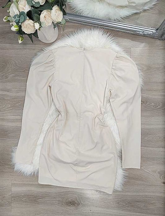 Kremowa sukienka z bufkami, długi rękaw, wesele, komunia, chrzest!