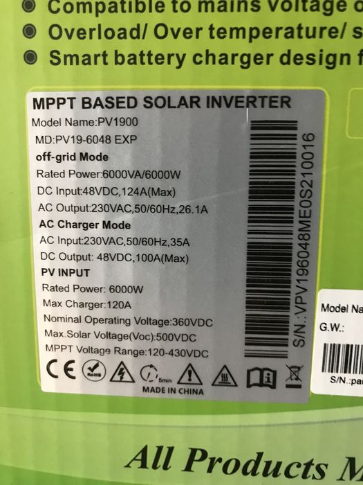 Сонячний інвертор Must 6 кВт  48 В . PV19-6048 EXP