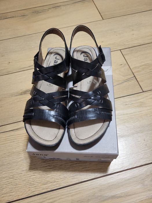 Nowe sandały skórzane Jana czarne wygodne miękkie szerokie 39/40