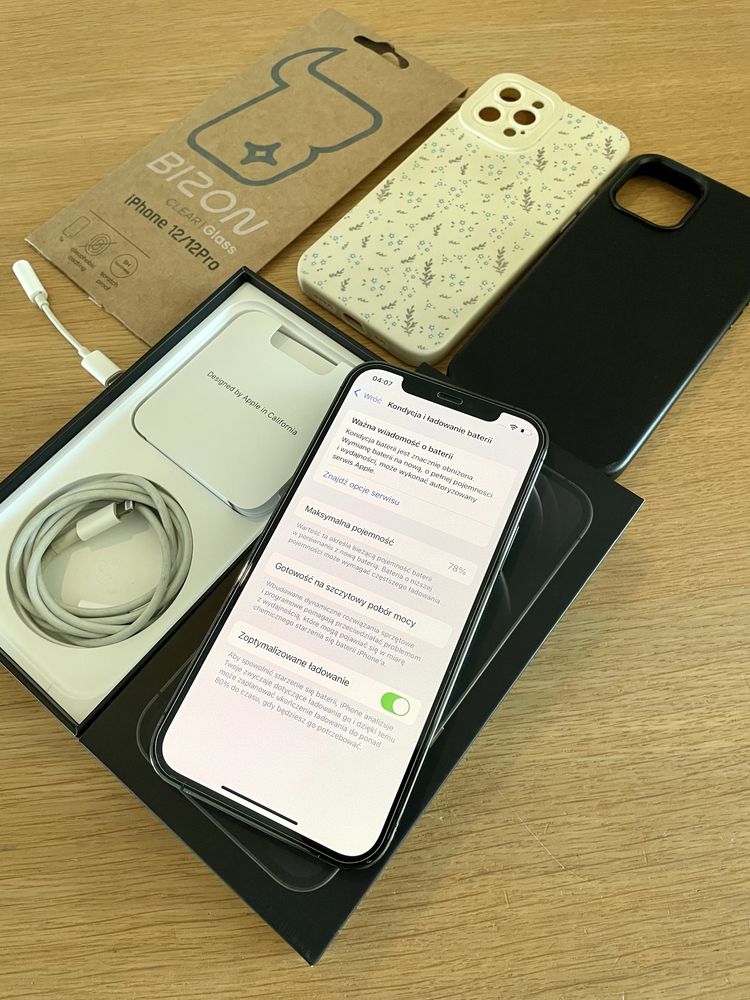 Iphone 12 Pro Graphite 128GB perfekcyjny stan, zestaw szklo etui kabel