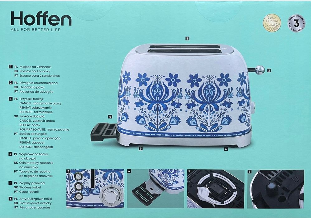 HOFFEN Toster Elektryczny 2 kromki 6 poziomów  Tacka Retro Design