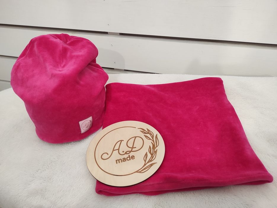Komplet Welurowy fuksja czapka komin 116,122,128,134,140,146
