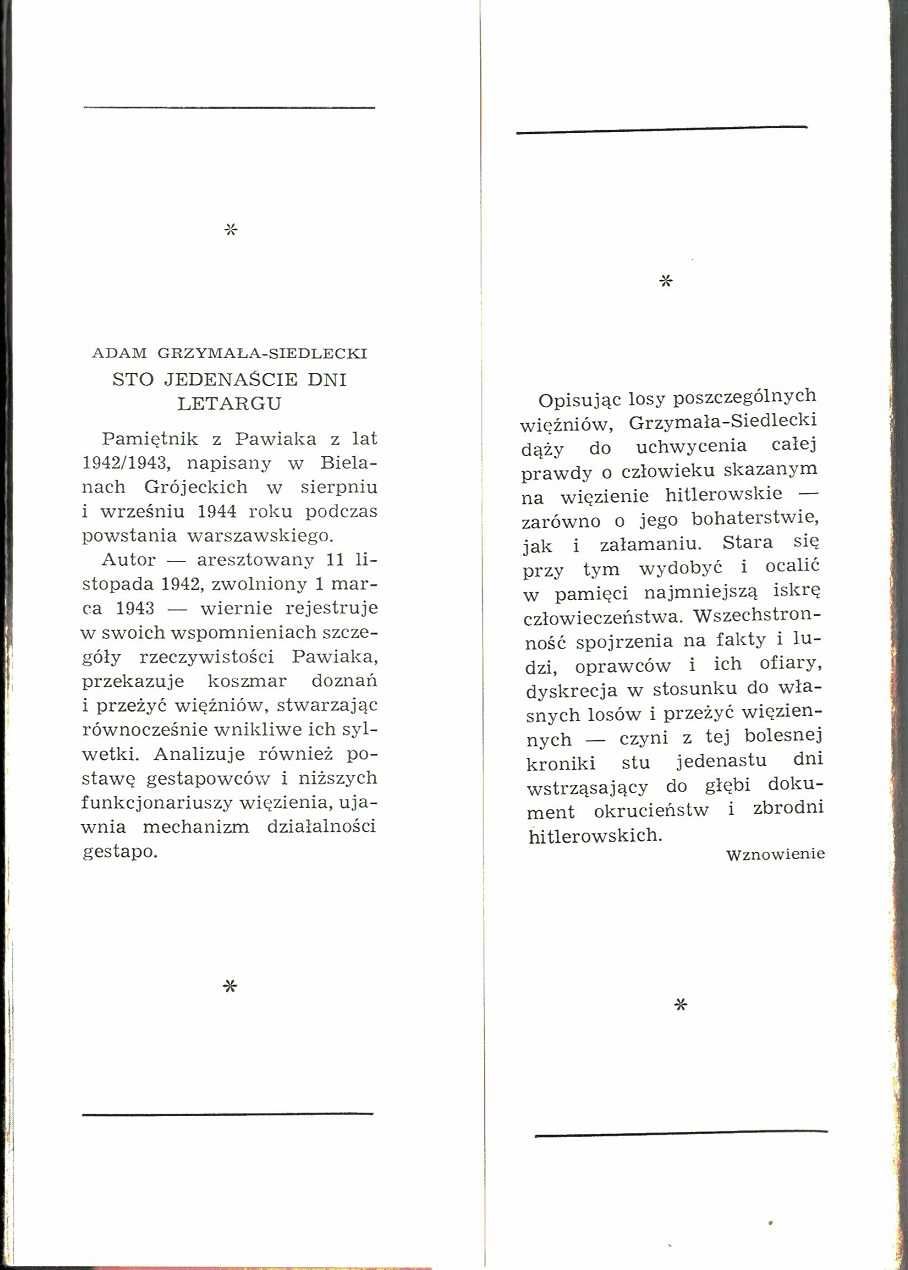 Sto jedenaście dni letargu Adam Grzymała - Siedlecki