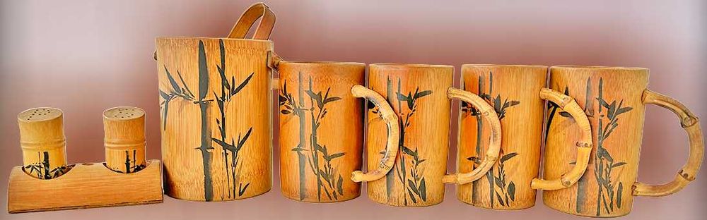 Conjunto Japonês em Bambo Pintado à Mão,  Novo/Raro