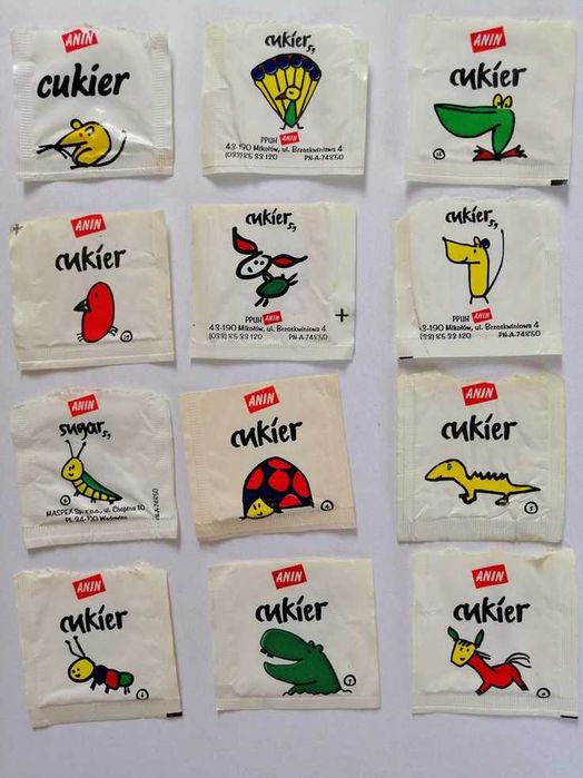 Opakowania po cukrze marki Anin. Bardzo duża kolekcja z rysunkami.