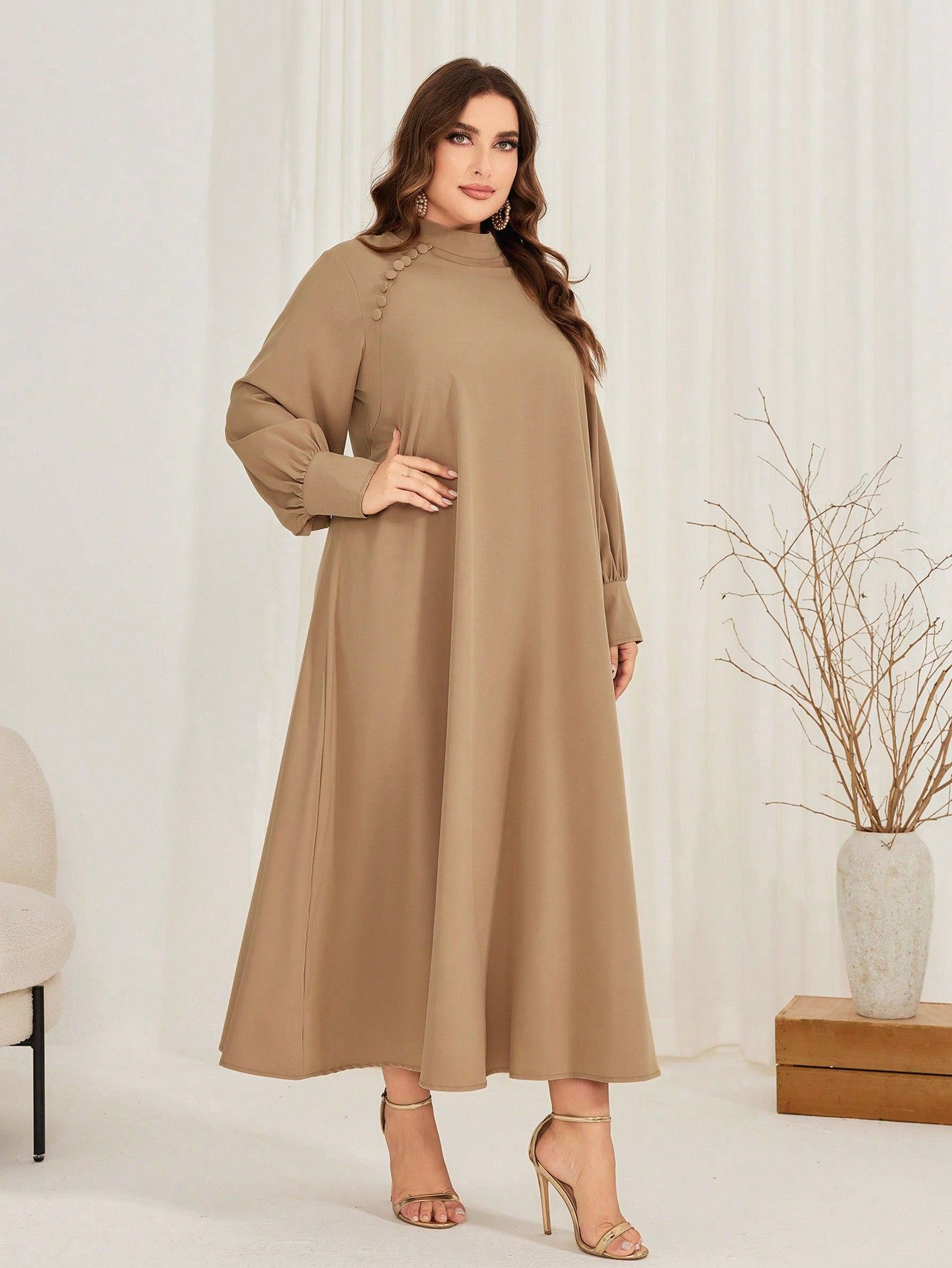 Sukienka Maxi Elegancka Z Bufiastymi Rękawami Stójka Beżowa Shein 5Xl