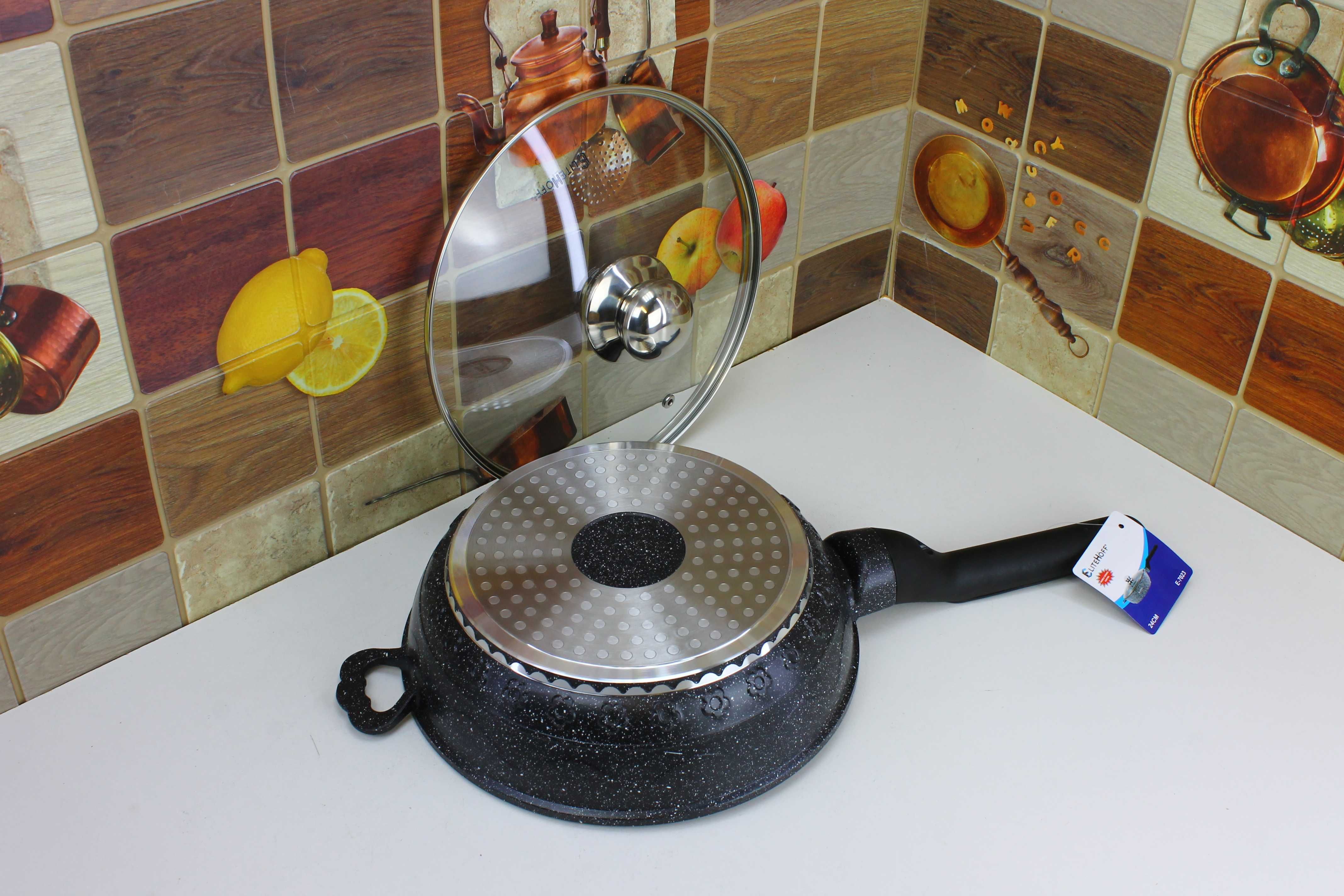 Solidna Głęboka Patelnia 24cm z pokrywą EliteHoff E7022 czarna