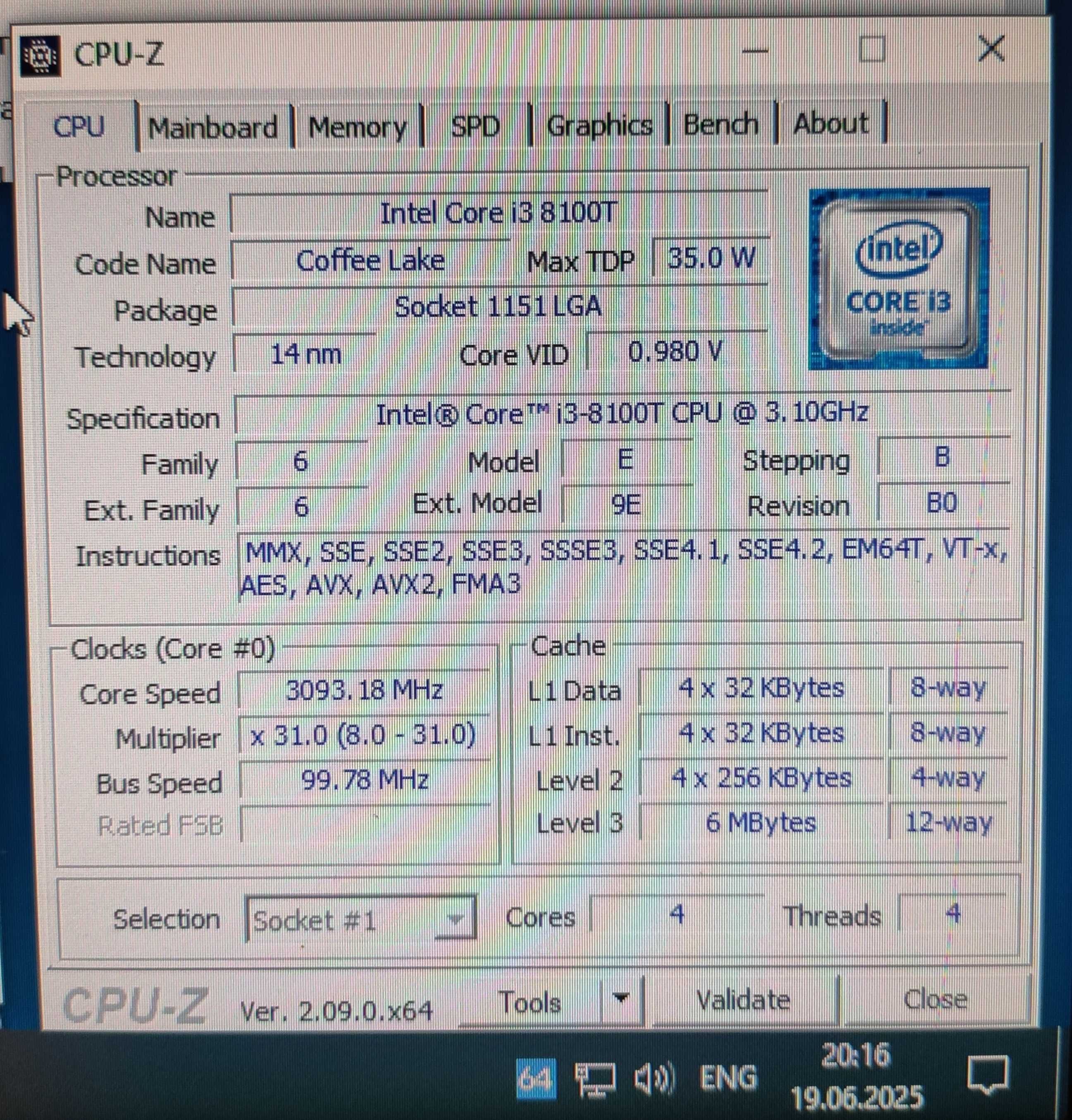 intel core i3-8100T процесор LGA 1151v2 сокет 35W 4 ядра по 3.1ghz
