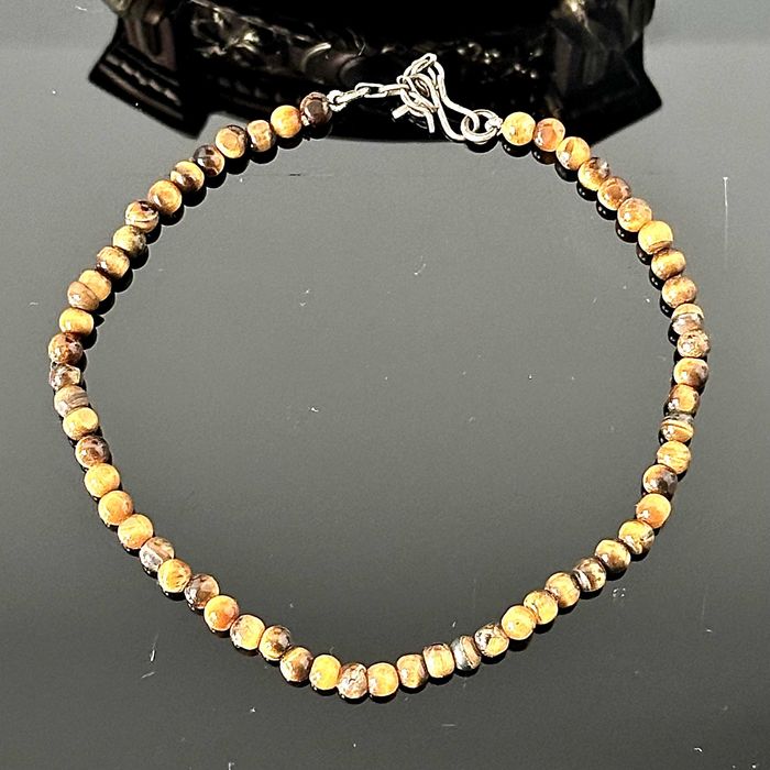 Bransoletka srebra na nogę, naturalne Tygrysie Oko, srebra próby 800