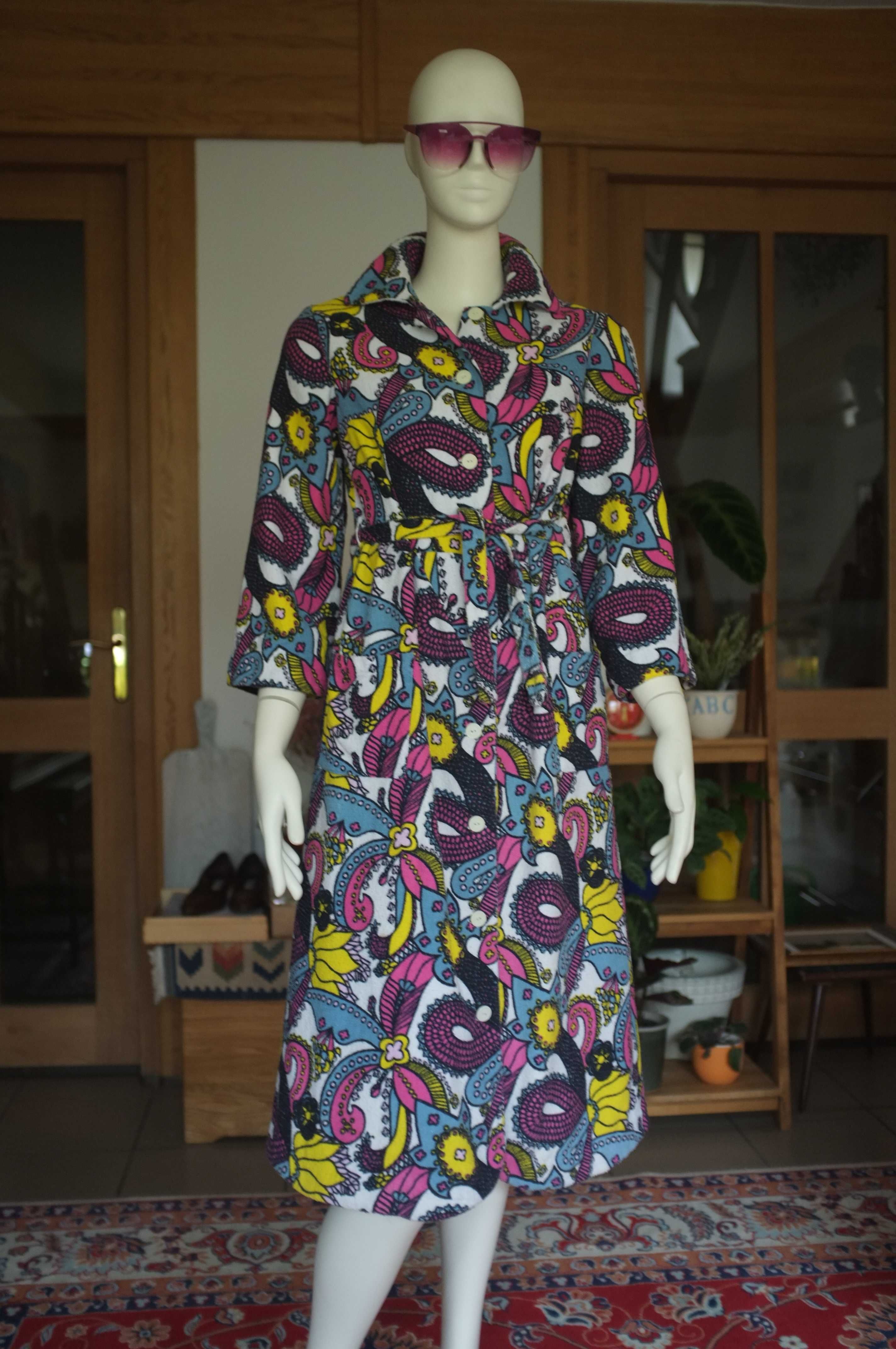 zabytkowa sukienka frotte podomka szlafrokowa 70s PRL real vintage