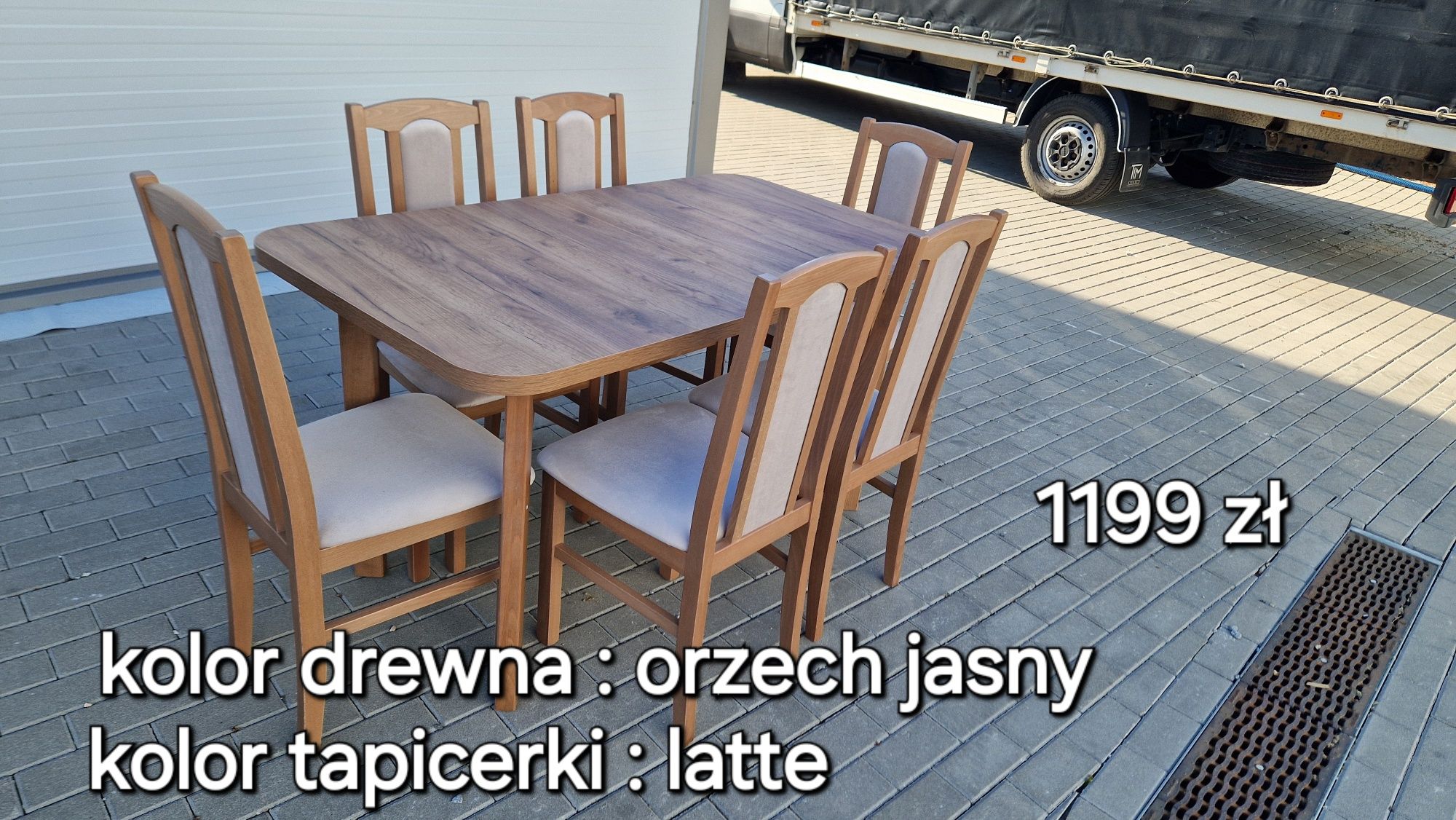 Stół 80x140/180 + 6 krzeseł, nowe, ORZECH JASNY + LATTE, dostawa PL