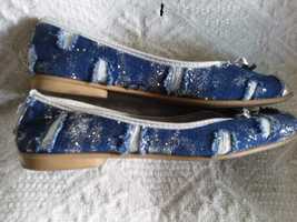 buty niepowtarzalne baleriny srebrno- niebieskie- jeans 38/39