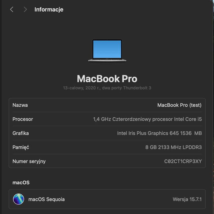 Macbook Pro A2289 i5 / 8 GB / 256 GB / 279 cykli