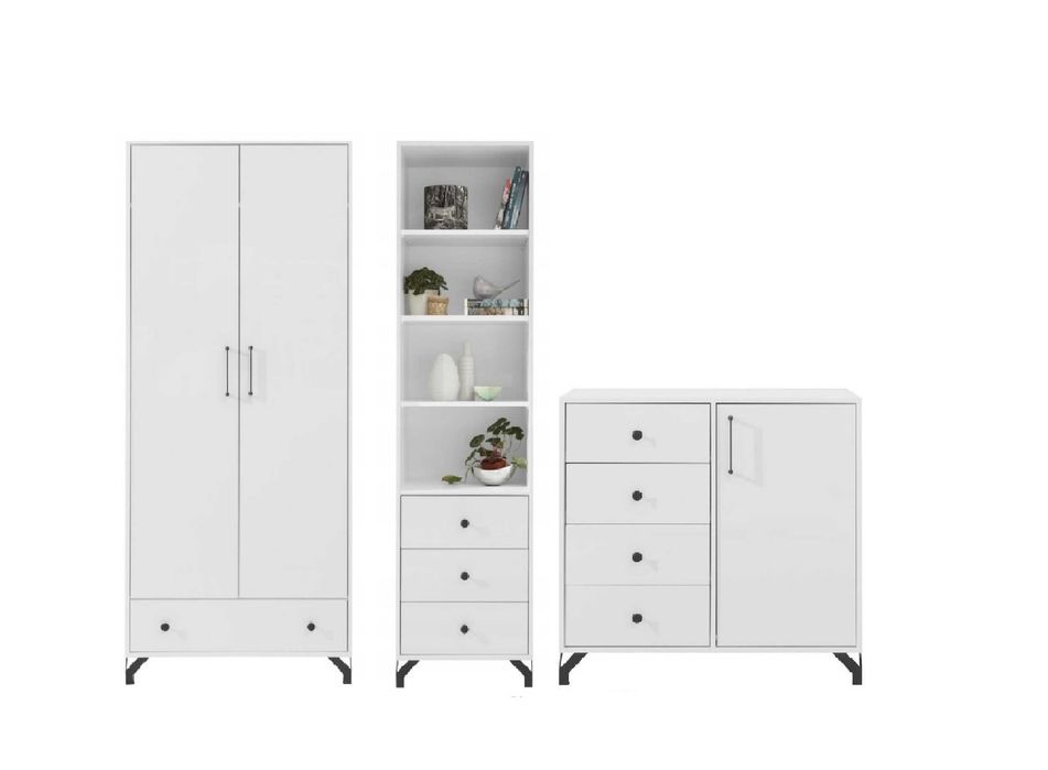 Meble młodzieżowe Salon BERGEN Biel Połysk SZAFA KOMODA Regał  nóżki