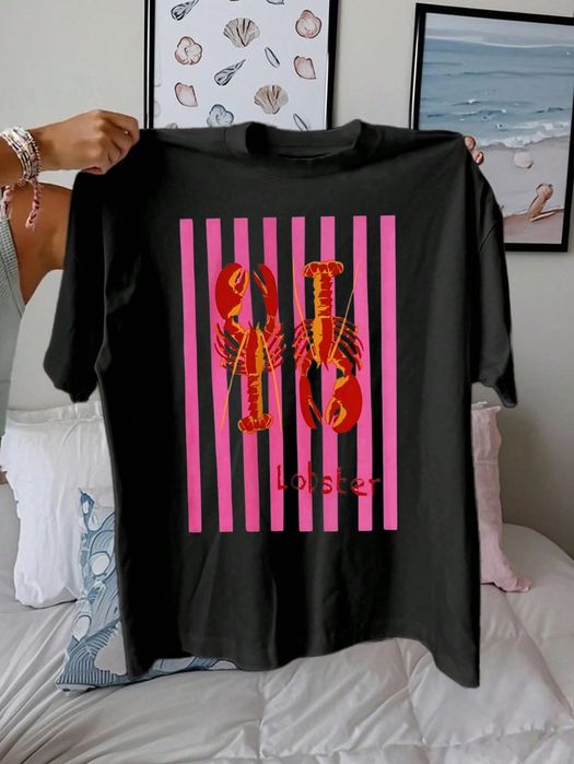 T-Shirt Luźny Z Nadrukiem Homara Czarny Casual Shein Xl 42