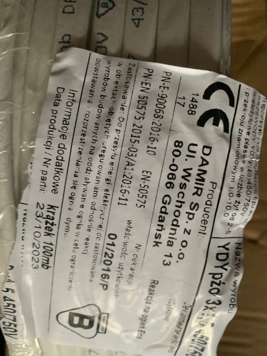 Przewód elektryczny YDYp 3x1,5 mm 450/750V 100M !