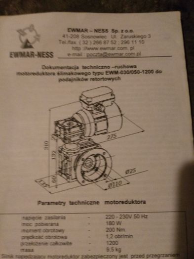 Motoreduktor ślimakowy do podajników retortowych