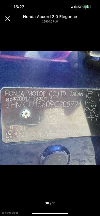 Honda Accord 2008r 2.0 B 156 KM. Białe skóry, bez wkładu.