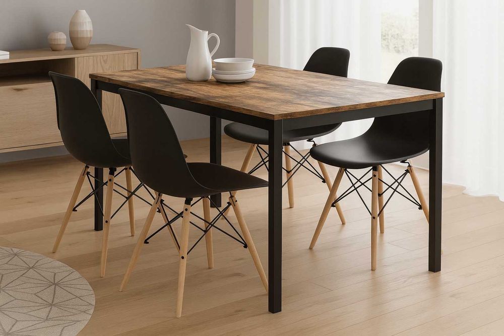 NOWY Stół z Krzesłami Czarny Loft do Kuchni Salonu Jadalni Drewniany