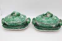 Par de Terrinas com Prato Porcelana Chinesa Yong "Good luck" Verdes XX