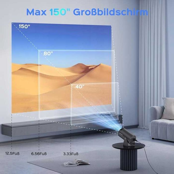 Mentech – Mini projektor 180°, Android 11, WiFi 6, 150", 4K decoding