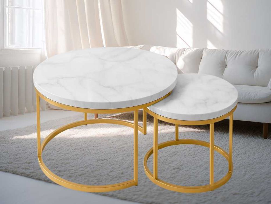 Zestaw Stoliki Kawowe Okrągłe Glamour do Salony Marmur Złoty 2w1