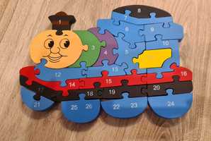 Lokomotywa Tom ,puzzle drewniane dwustronne,edukacyjne,dziecko