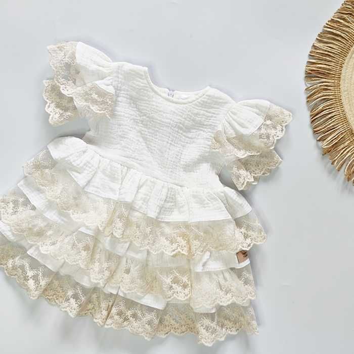 Elegancka muślinowa biała SUKIENKA z koronką, krótki rękaw, chrzest 62