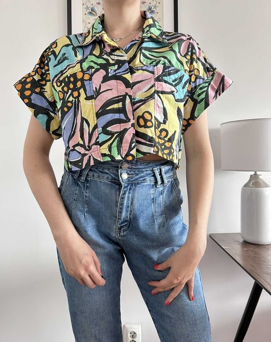 Bluzka koszula damska krótka kolorowa modna w kwiaty bawełniana L