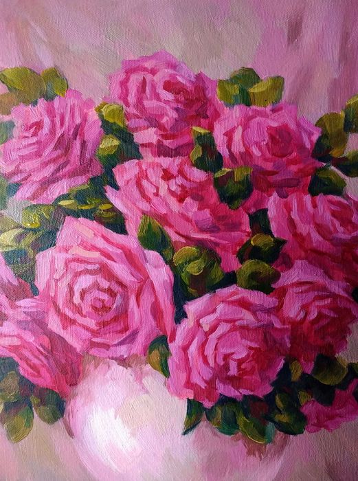 Картина маслом "Малиновые розы"
