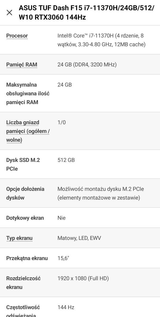 ASUS TUF Dash F15 i7-11370H/24GB/512/W10 RTX3060, 144Hz