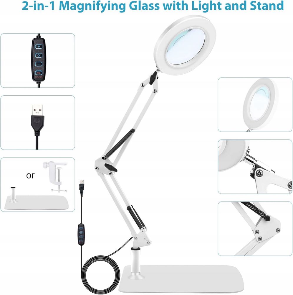 LED Lampa powiększająca 10-krotnie, 3 tryby kolorów