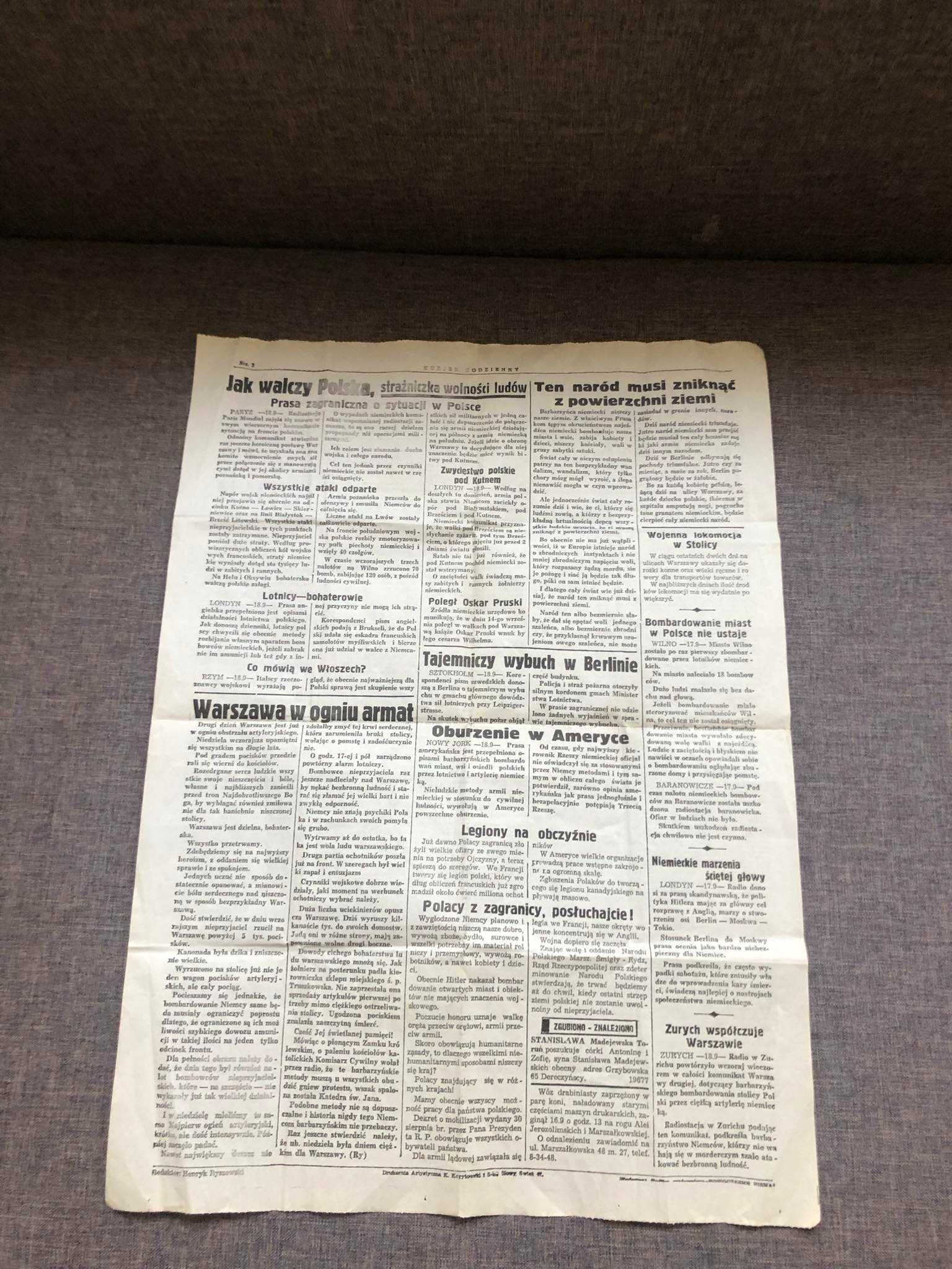 gazeta z czasów II wojny swiatowej 1939r kurier codzienny